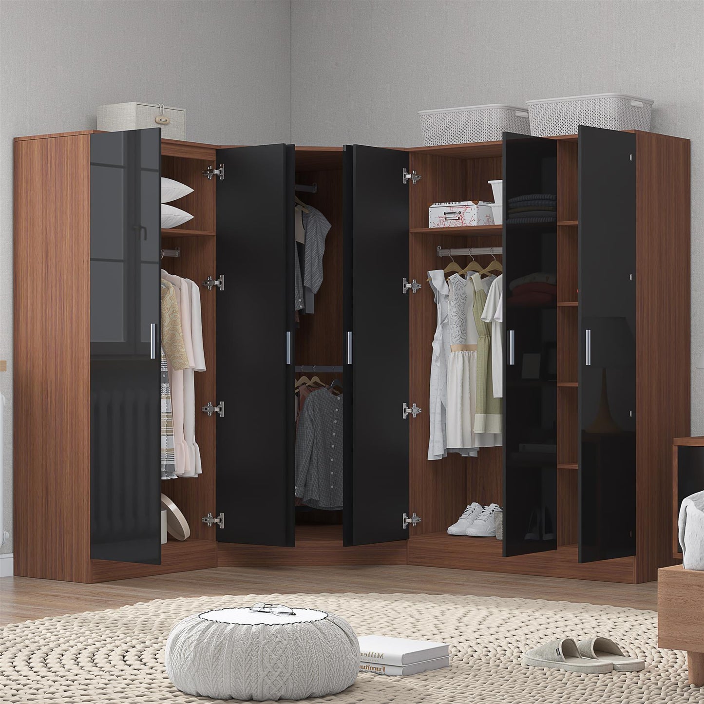 Reflect 4pc Wardrobe Bundle - 2 Door Corner + 3 Door Plain + 2 Door Plain - Black Gloss & Walnut