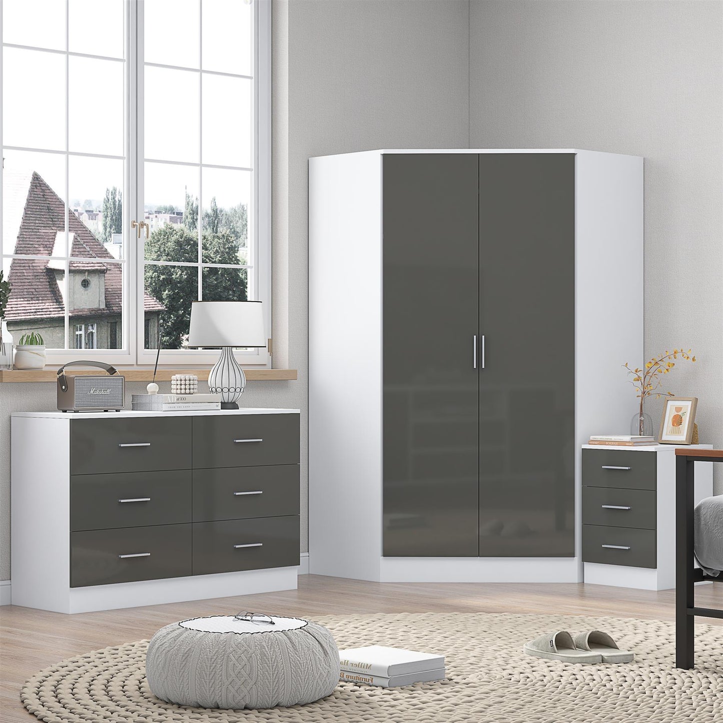 Reflect 2 Door Corner Wardrobe, 6 Drawer Chest, 3 Drawer Bedside - Grey Gloss & Matt White - Bedroom Furniture Set