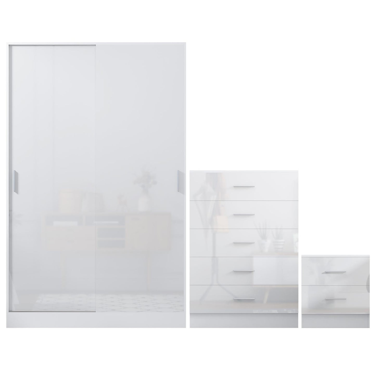REFLECT Gloss 3pc Set - 2 Door Sliding Wardrobe + 5 Draw Chest + Bedside