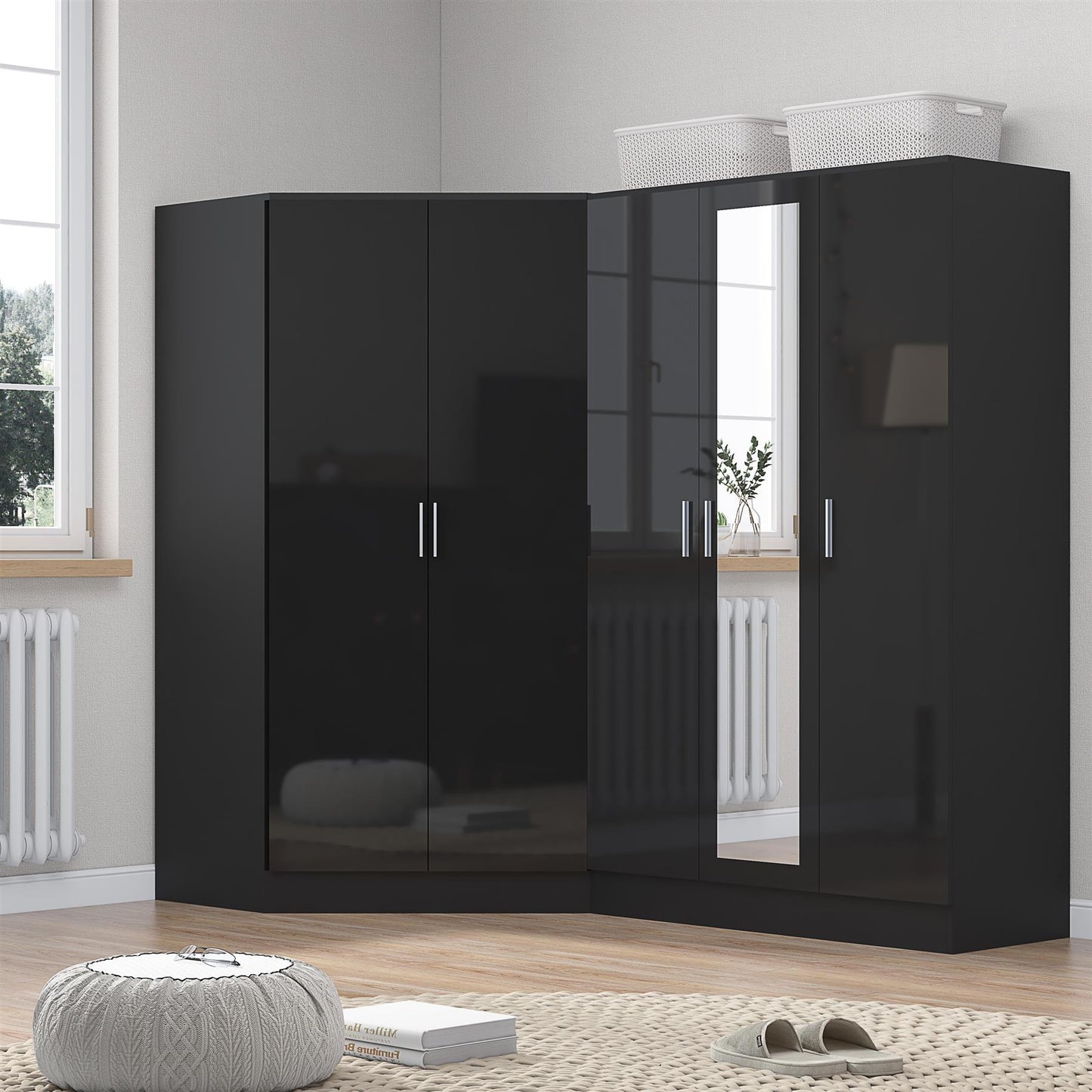 Reflect 2pc Wardrobe Bundle - 2 Door Corner + 3 Door Mirror - Black Gloss & Black Oak