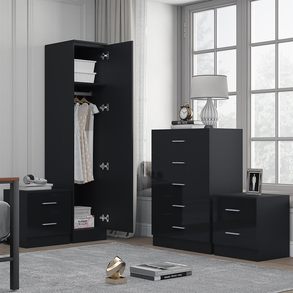 REFLECT Gloss 4pc Bedroom Set - 1 Door Wardrobe + 5 Draw Chest + 2 Bedsides