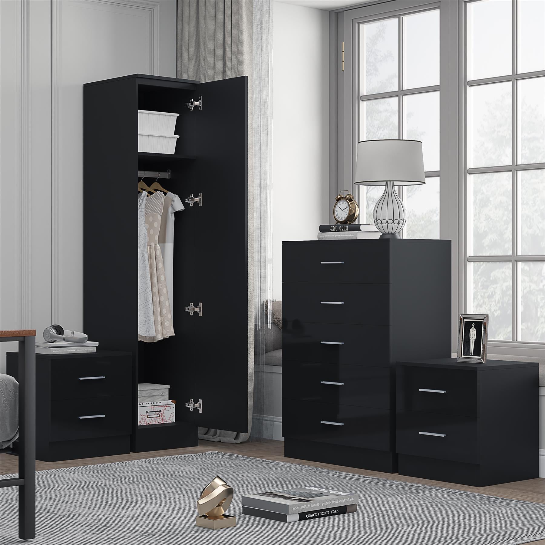 Reflect 1 Door Plain Wardrobe, 5 Drawer Chest, 2x 2 Drawer Bedsides - Black Gloss & Black Oak - Modern Bedroom Furniture Set