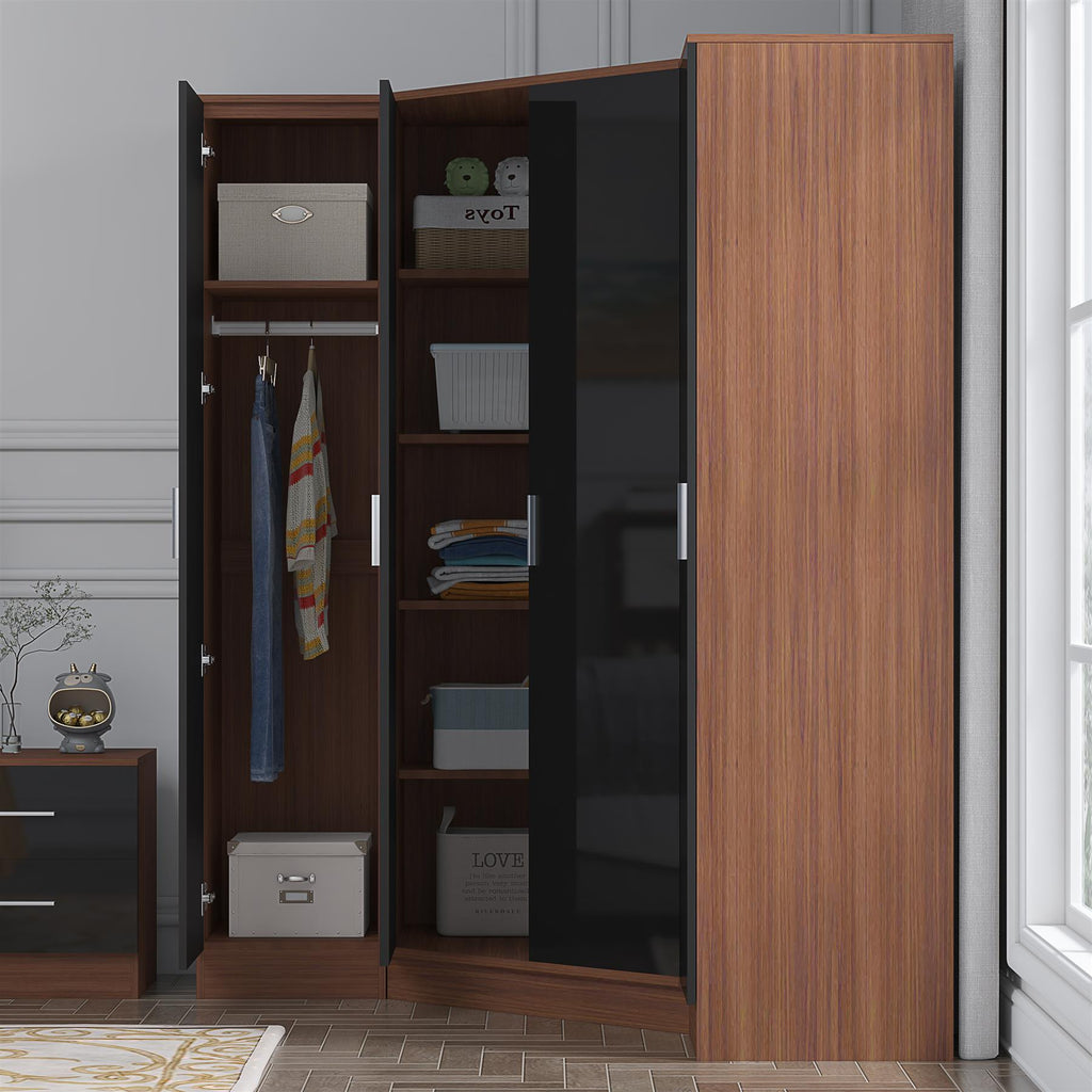 Reflect 3pc Wardrobe Bundle - 2 Door Corner + 2x 1 Door Plain - Black Gloss & Walnut