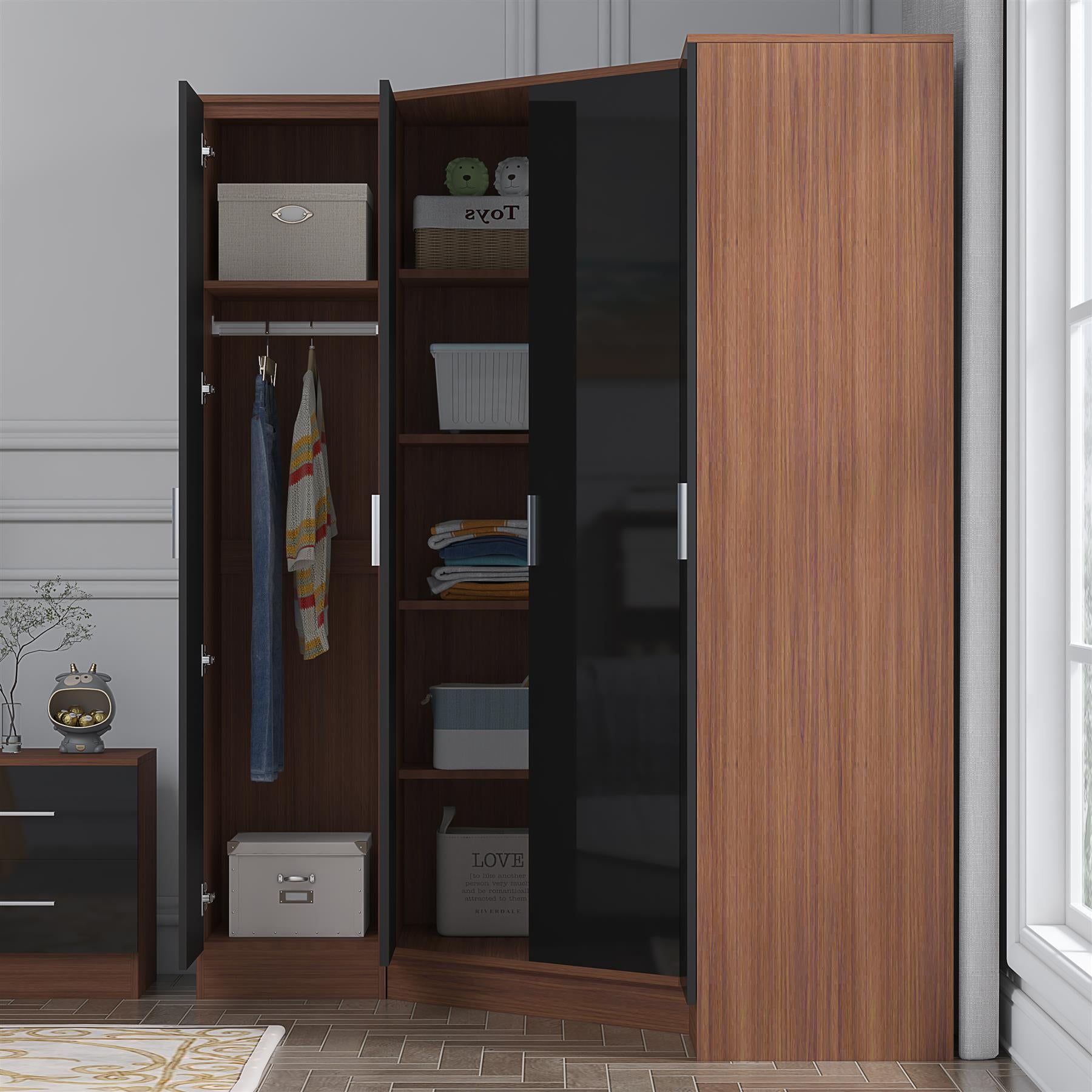 Reflect 3pc Wardrobe Bundle - 2 Door Corner + 2x 1 Door Plain - Black Gloss & Walnut