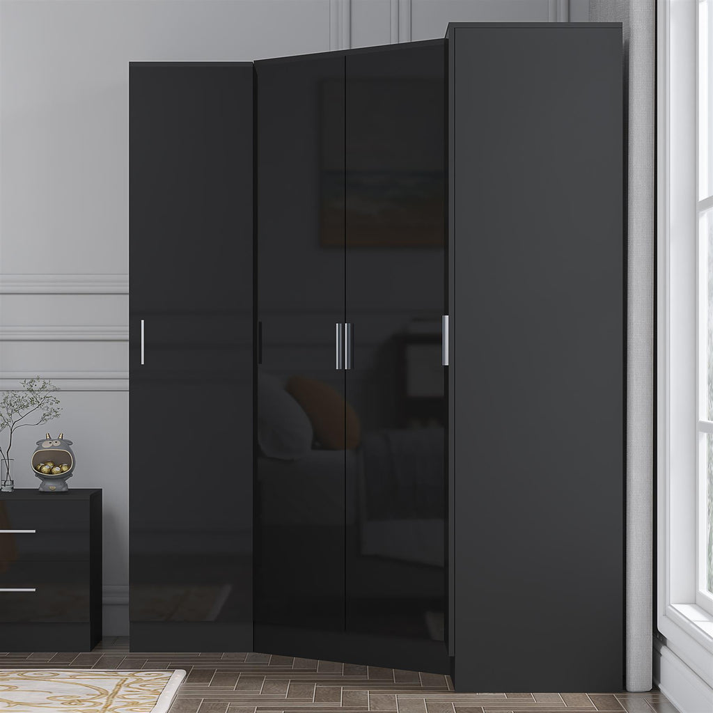 Reflect 3pc Wardrobe Bundle - 2 Door Corner + 2x 1 Door Plain - Black Gloss & Black Oak