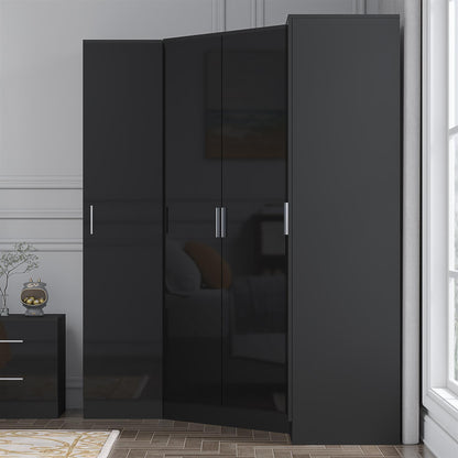 Reflect 3pc Wardrobe Bundle - 2 Door Corner + 2x 1 Door Plain - Black Gloss & Black Oak