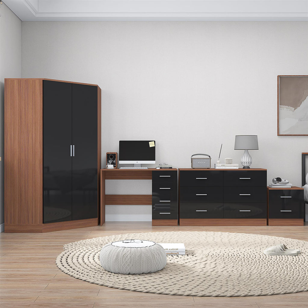 REFLECT - 2 Door CORNER + 6 Drawer Chest + 2 Drawer Bedside + 4 Drawer Desk - Gloss Black / Matt Walnut