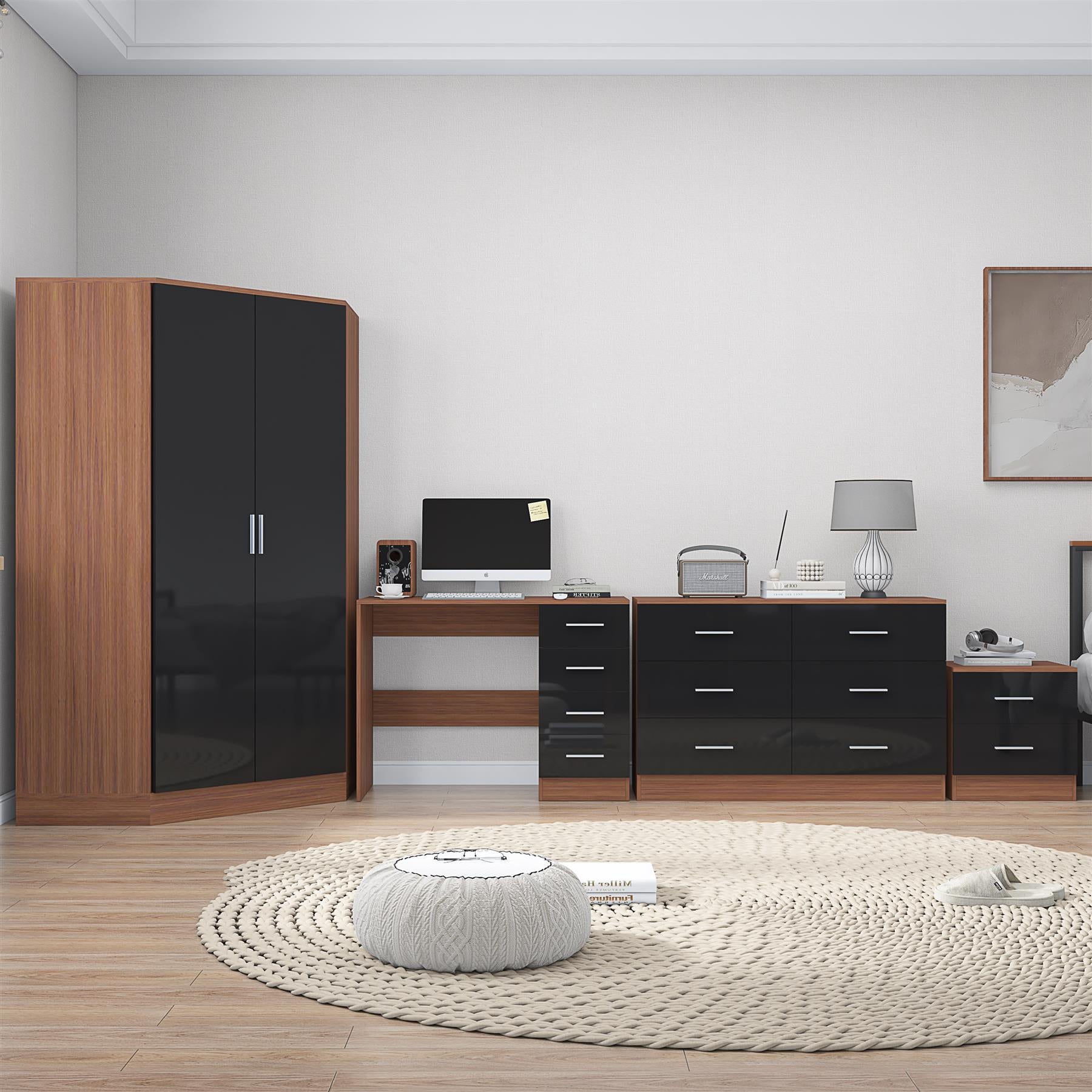 REFLECT - 2 Door CORNER + 6 Drawer Chest + 2 Drawer Bedside + 4 Drawer Desk - Gloss Black / Matt Walnut