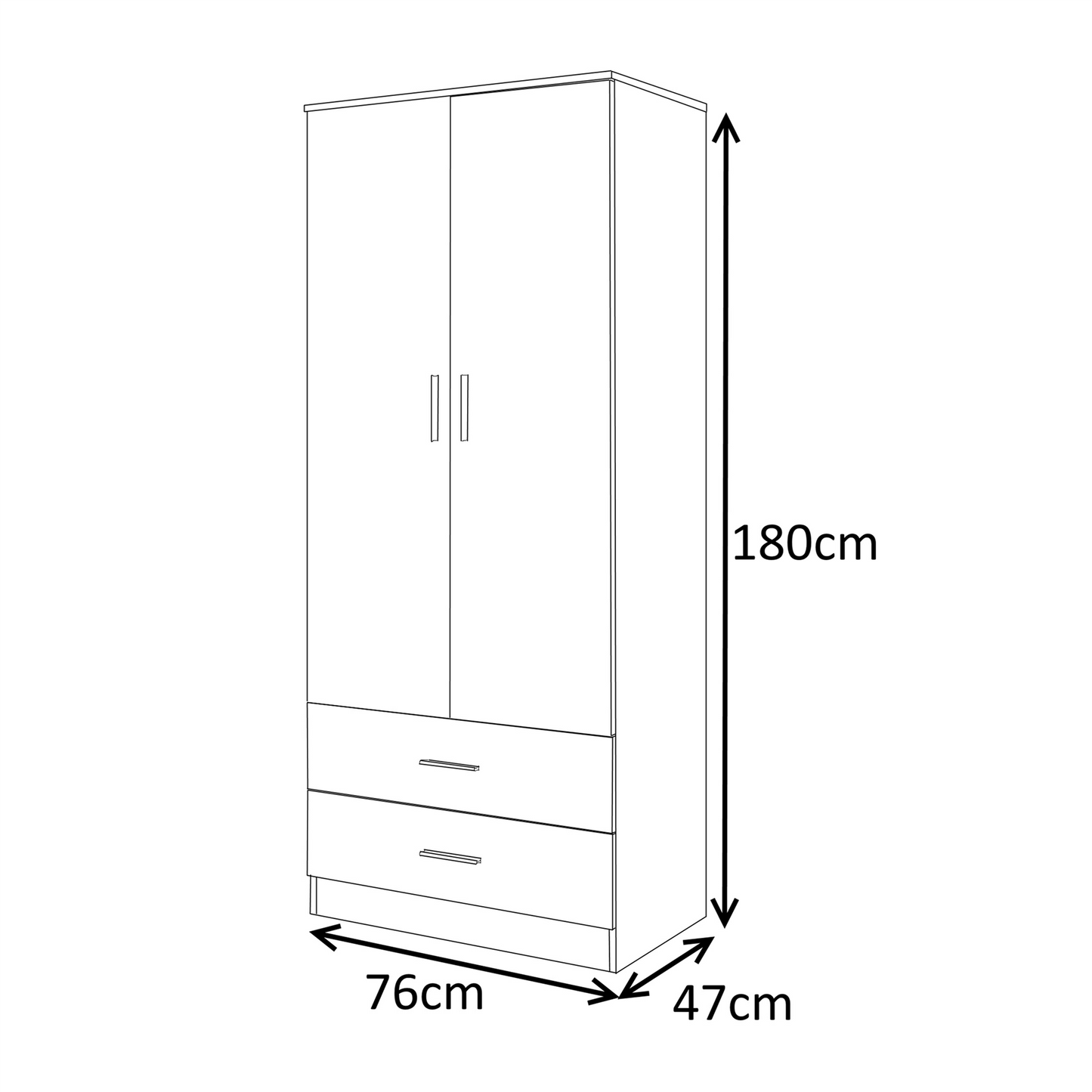 Reflect 2 Door 2 Drawer Combi Plain Wardrobe - White Gloss & Matt White - Hanging Rails, Drawers & Shelf