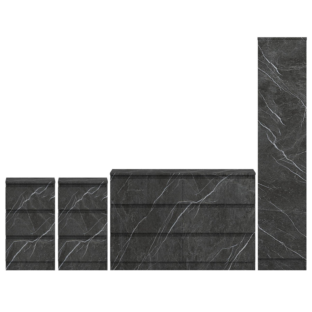 ZITA Grey Marble Effect 4pc Bedroom Set - 1-Door Wardrobe, Wide Chest & 2 Bedside Tables, Contemporary Bedroom Storage Solution