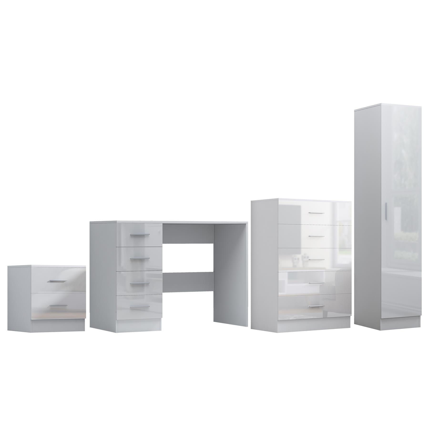 Reflect 1 Door Plain Wardrobe, 5 Drawer Chest, 2 Drawer Bedside & Desk - White Gloss & Matt White - Bedroom Furniture Set