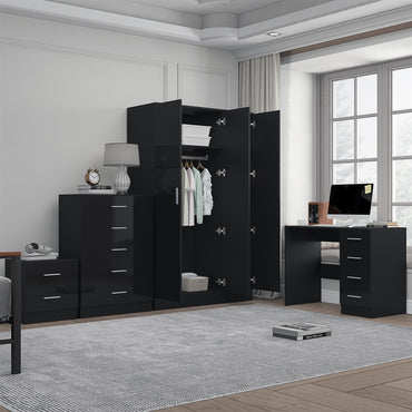 Reflect 3 Door Mirror Wardrobe, 5 Drawer Chest, 2 Drawer Bedside & Desk - Black Gloss & Black Oak - Modern Bedroom Furniture Set