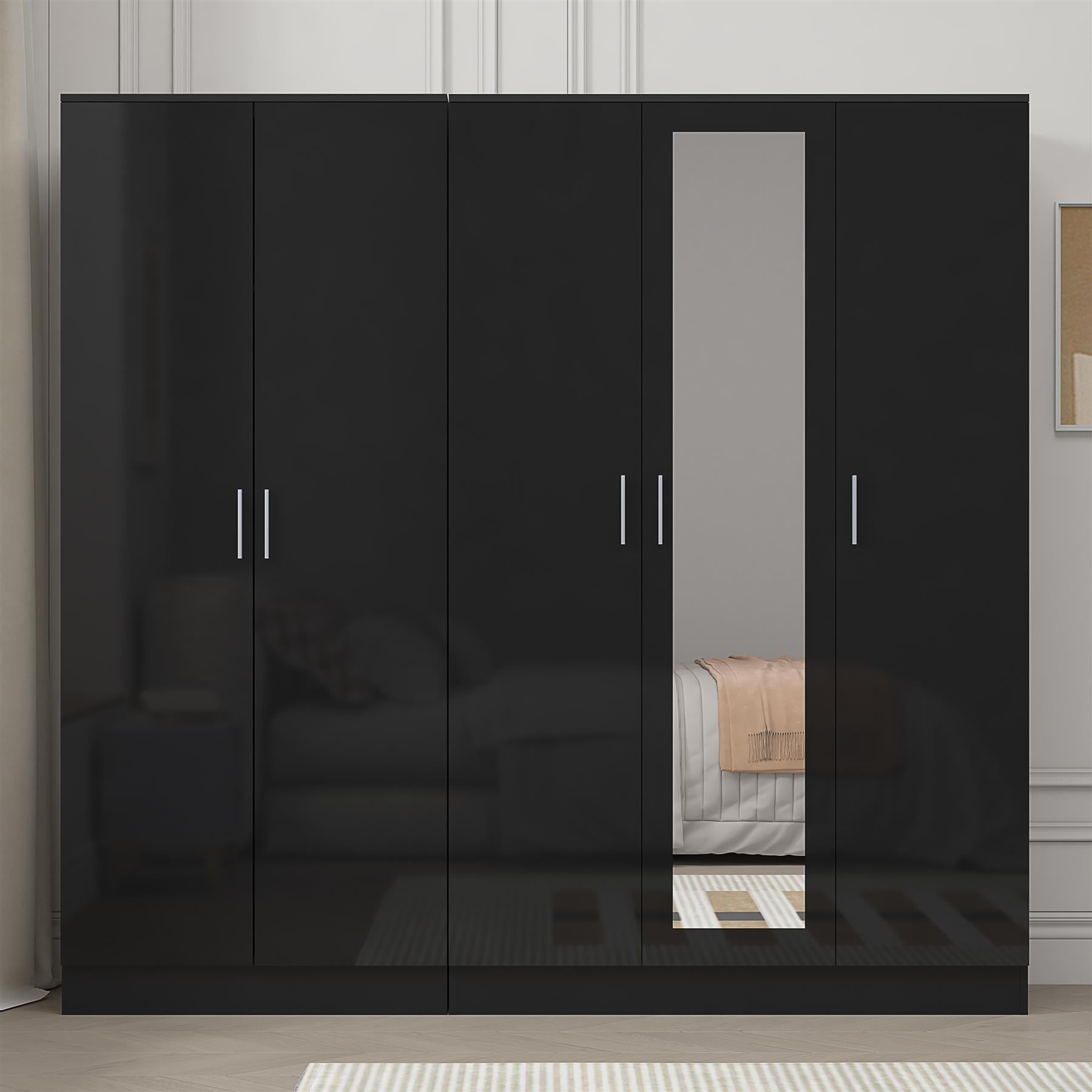 REFLECT - 3 Door MIRROR + 2 Door PLAIN Wardrobe - Gloss Black / Matt Black