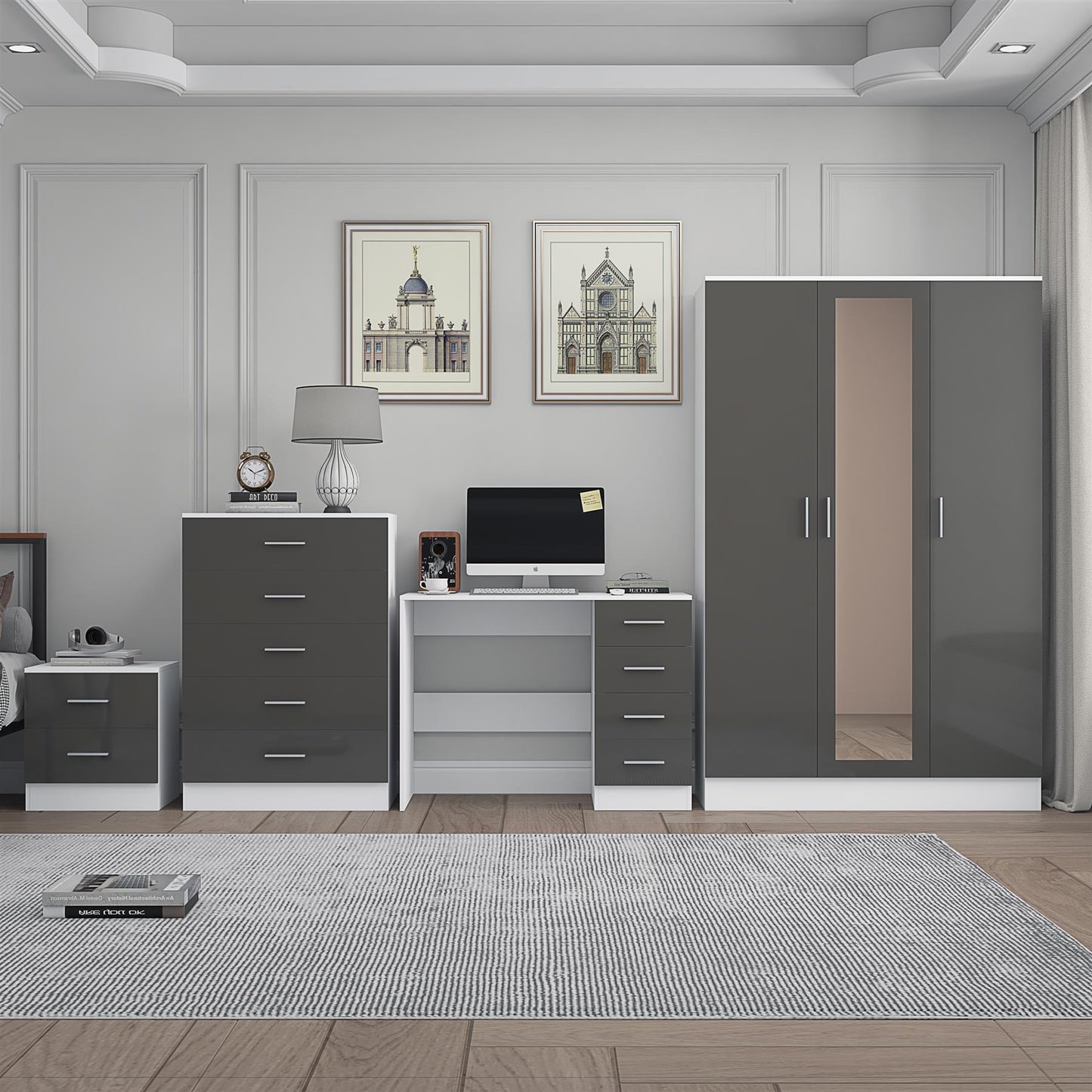 Reflect 3 Door Mirror Wardrobe, 5 Drawer Chest, 2 Drawer Bedside & Desk - Grey Gloss & Matt White - Modern Bedroom Furniture Set