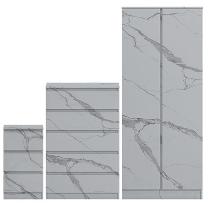 ZITA White Marble Effect 3 Piece Set - 2 Door Wardrobe, 5 Drawer Chest & 3 Drawer Bedside, Stylish Bedroom Storage