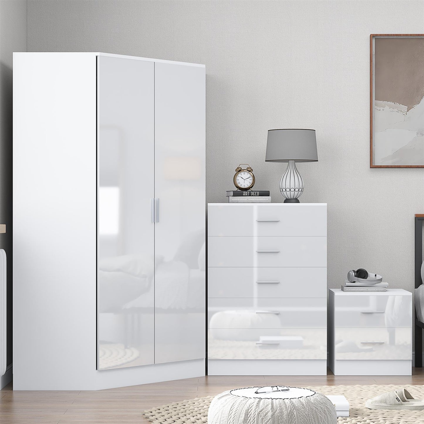REFLECT Gloss 3pc Set - 2 Door Corner Wardrobe + 5 Draw Chest + Bedside