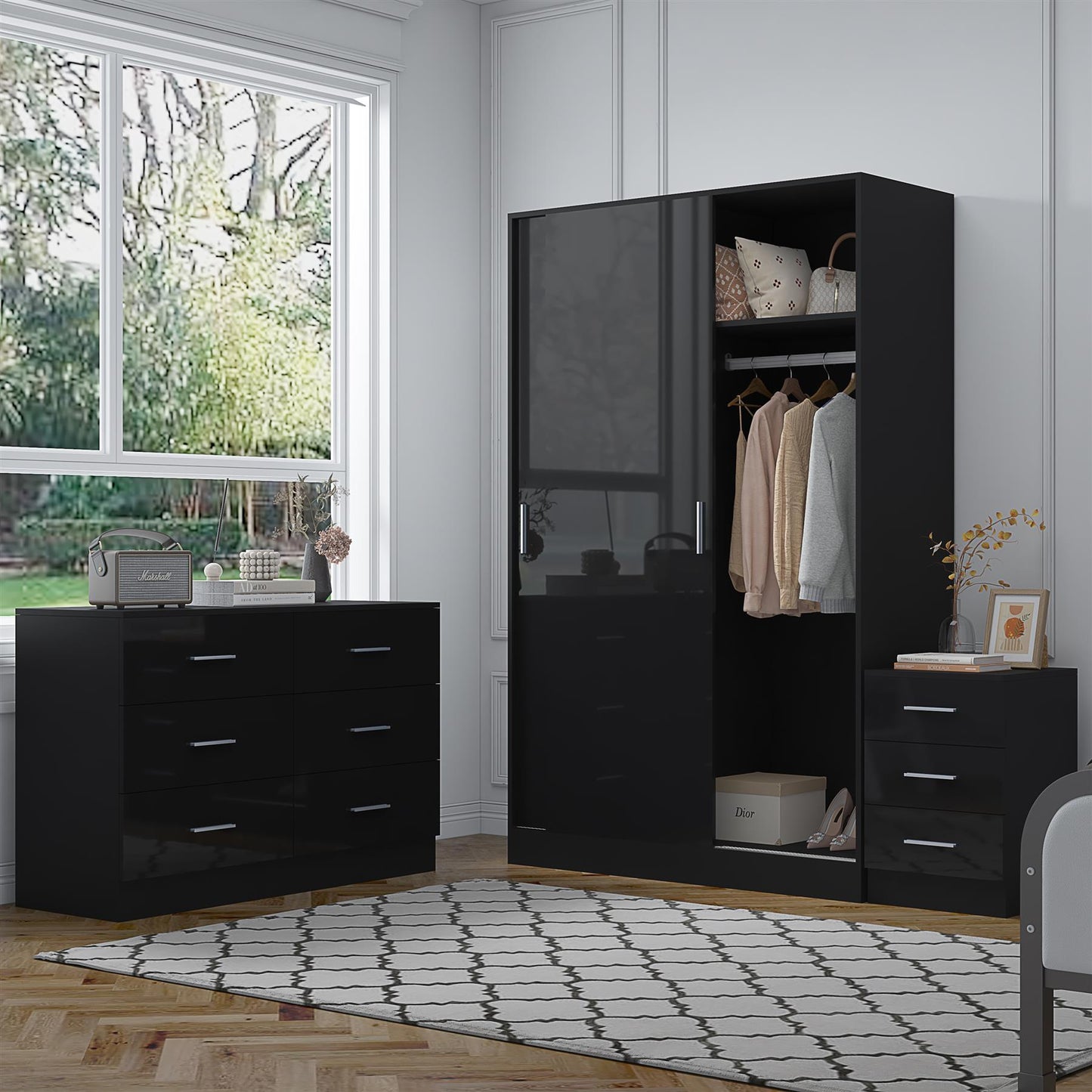 REFLECT Gloss 3pc Set - 2 Door Sliding Wardrobe + Wide Chest + Tall Bedside