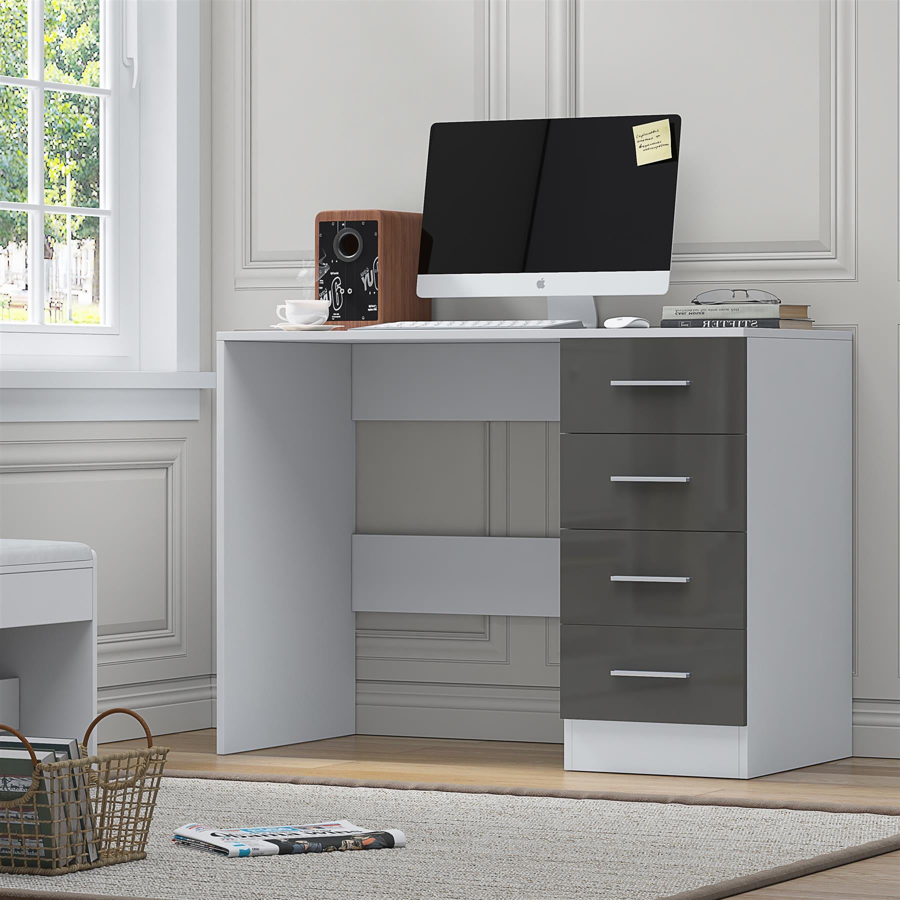 Reflect 4 Drawer Desk - Grey Gloss & Matt White - Modern Bedroom Storage for Vanity, Work or Study