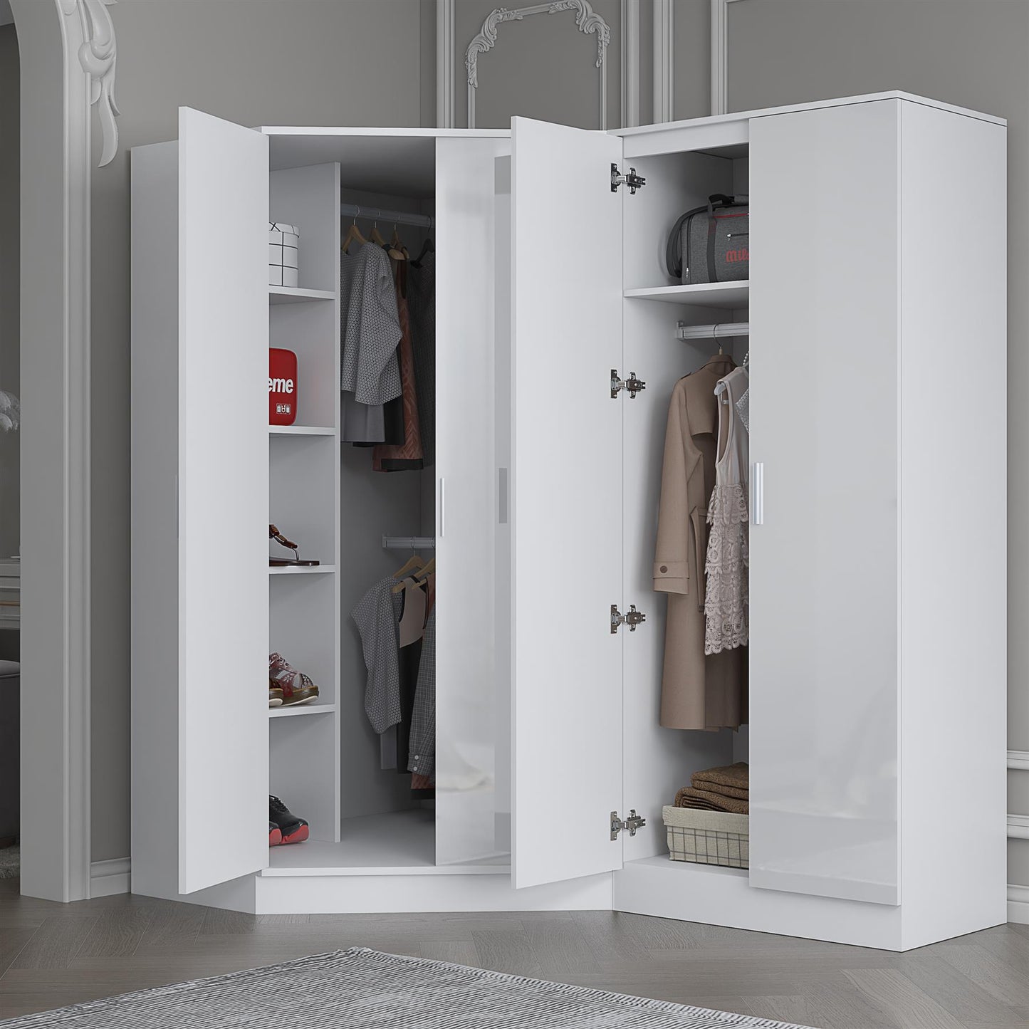 Reflect 2pc Wardrobe Bundle - 2 Door Corner + 2 Door Plain - White Gloss & Matt White