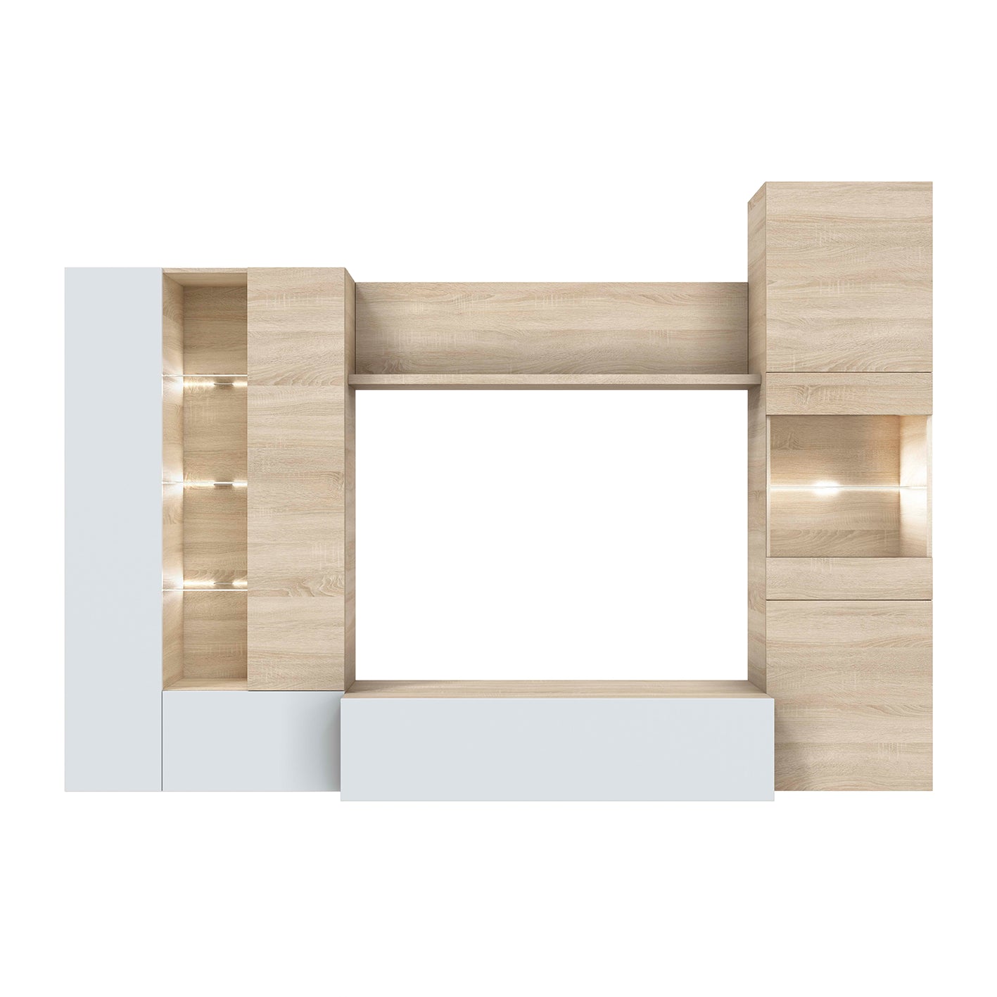 Modern Oak & White TV Unit with Glass Details and LED Lights- Media Storage for Living Rooms