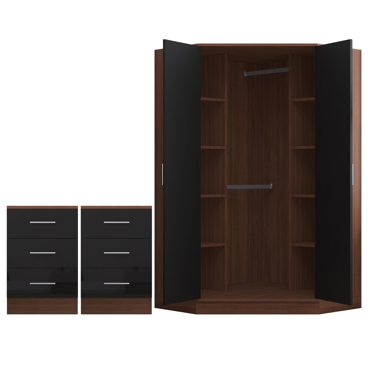 Reflect 3pc Wardrobe Bundle - 2 Door Corner + 2x 3 Drawer Bedsides - Black Gloss & Walnut
