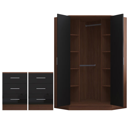 Reflect 3pc Wardrobe Bundle - 2 Door Corner + 2x 3 Drawer Bedsides - Black Gloss & Walnut