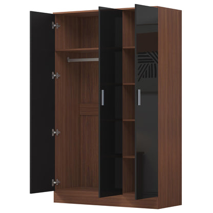 Reflect 3 Door Plain Wardrobe - Black Gloss & Walnut -Hanging Rail & 4 Shelves  - Modern Design