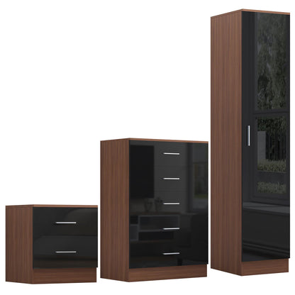 Reflect 1 Door Plain Wardrobe, 5 Drawer Chest, 2 Drawer Bedside - Black Gloss & Walnut - Bedroom Furniture Set