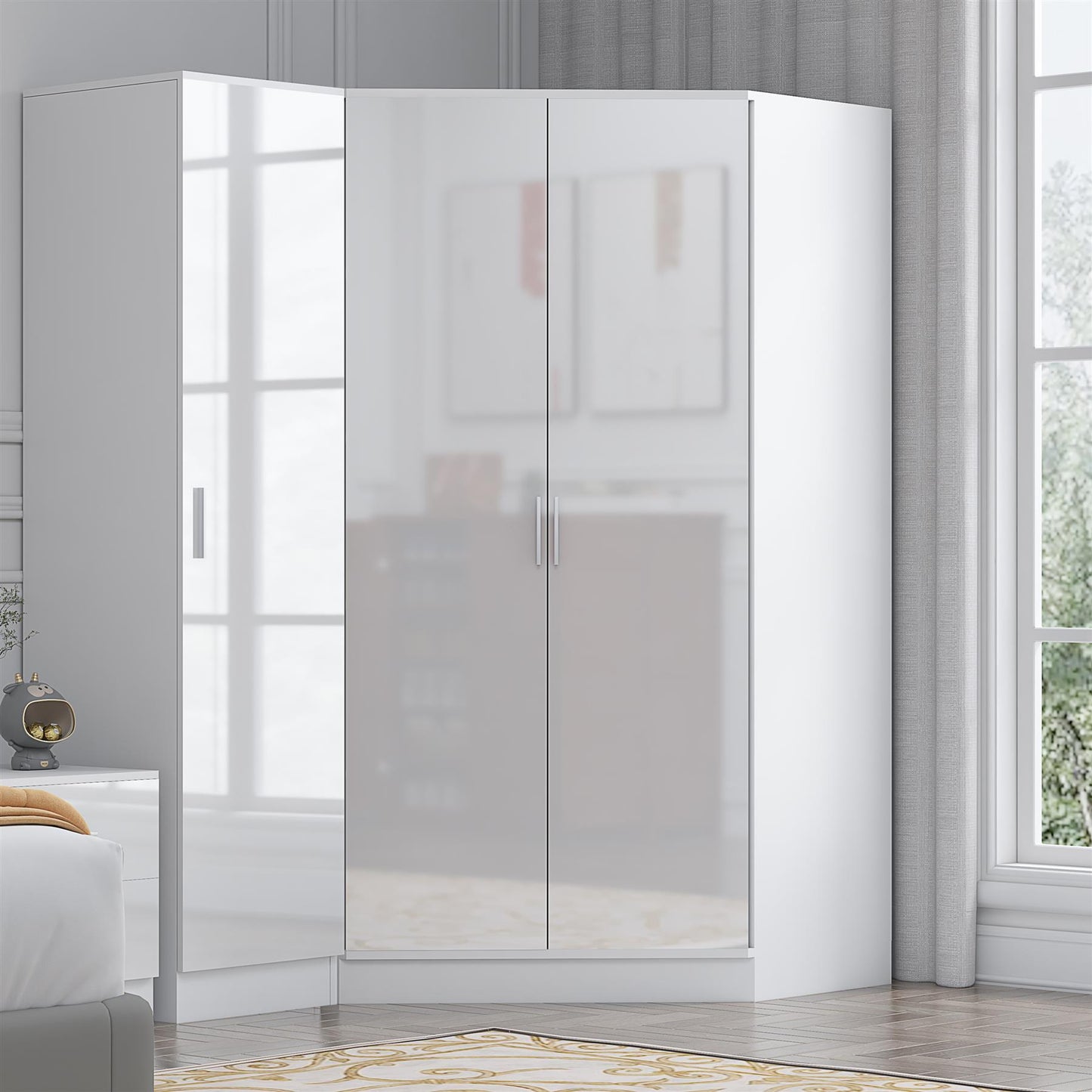 Reflect 2pc Wardrobe Bundle - 2 Door Corner + 1 Door Plain - White Gloss & Matt White