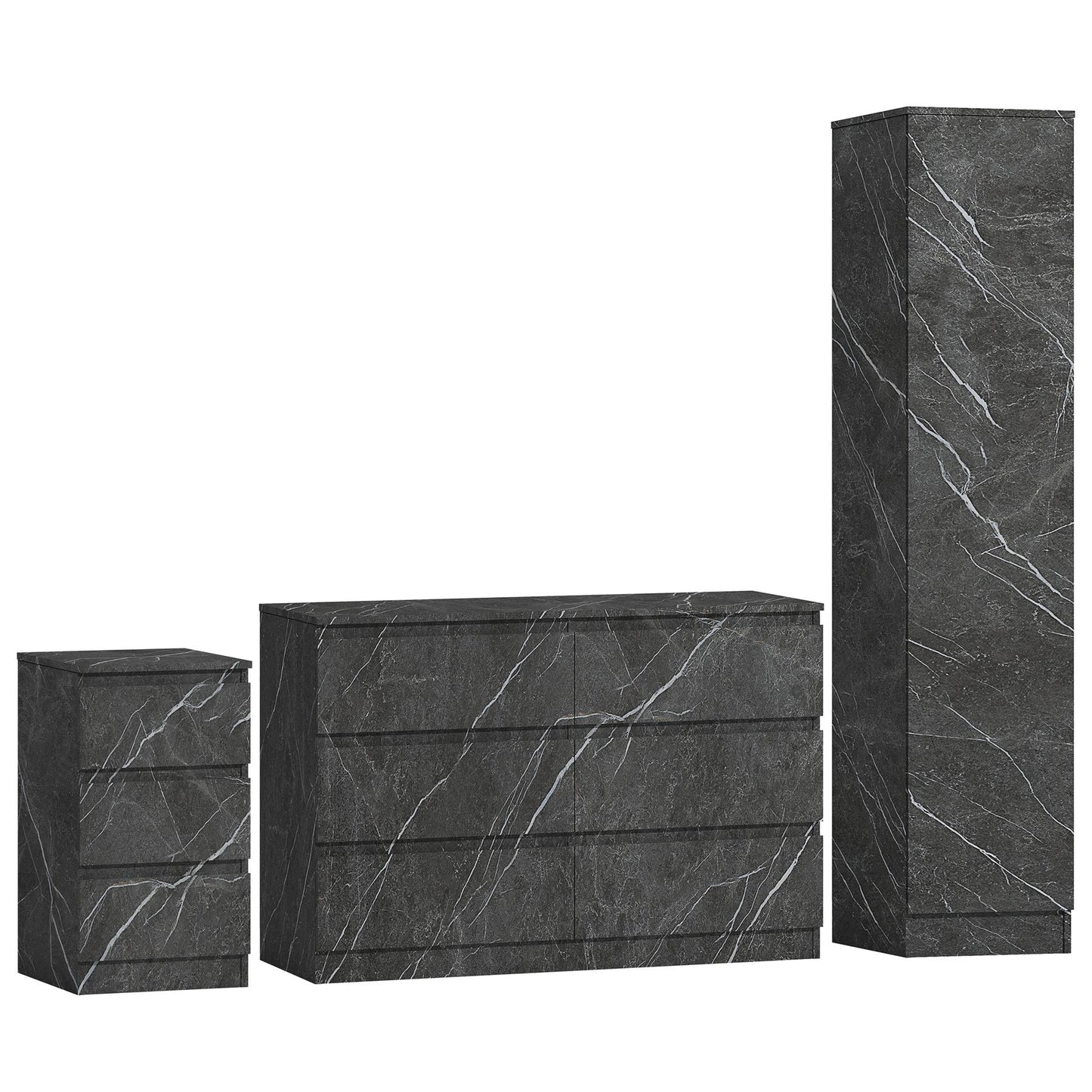 ZITA Grey Marble Effect 3 Piece Bedroom Set - 1-Door Wardrobe, Wide Chest & Bedside Table, Stylish Modern Bedroom Furniture