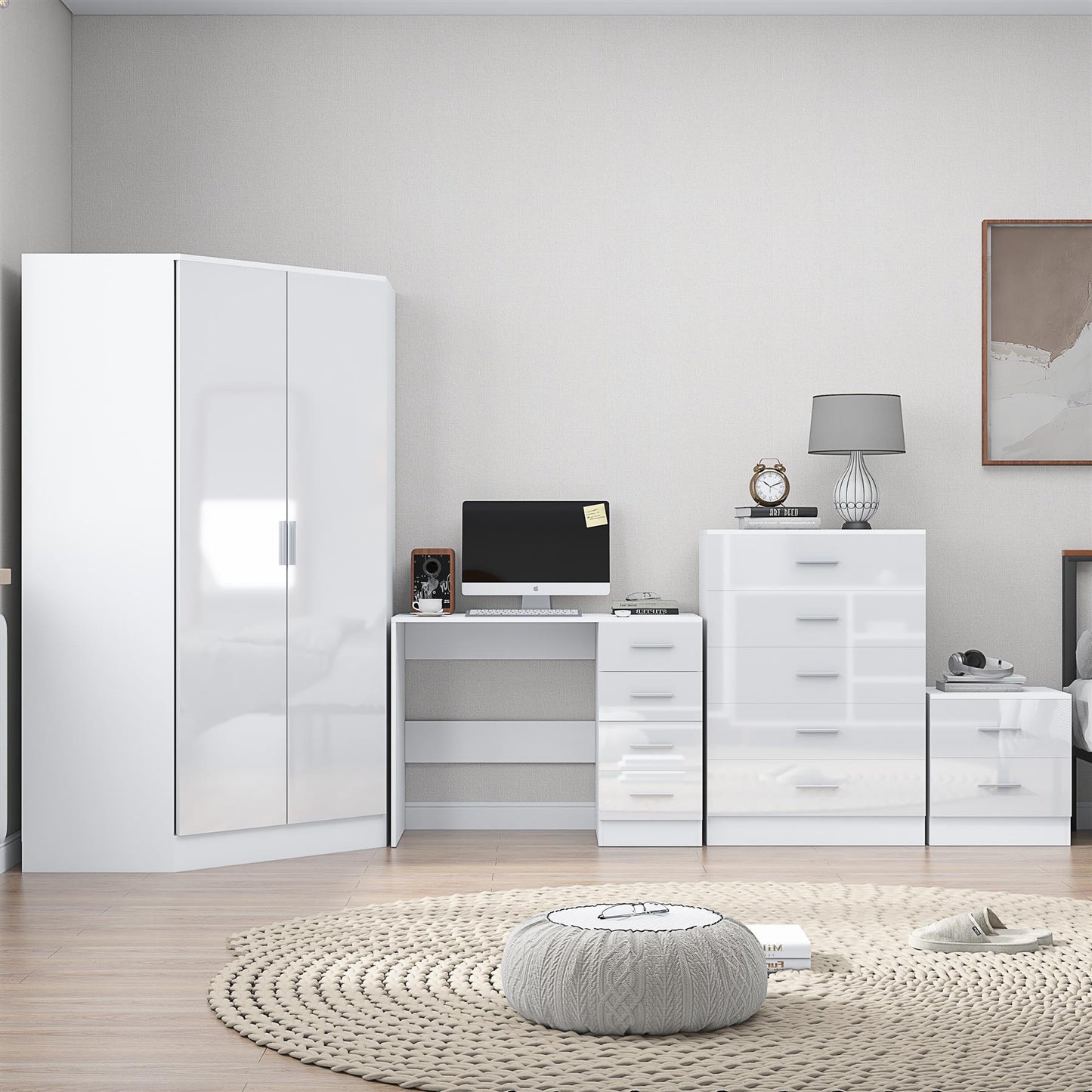 Reflect 2 Door Corner Wardrobe, 5 Drawer Chest, 2 Drawer Bedside & Desk - White Gloss & Matt White - Bedroom Furniture Set
