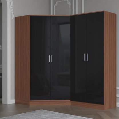 Reflect 2pc Wardrobe Bundle - 2 Door Corner + 2 Door Plain - Black Gloss & Walnut