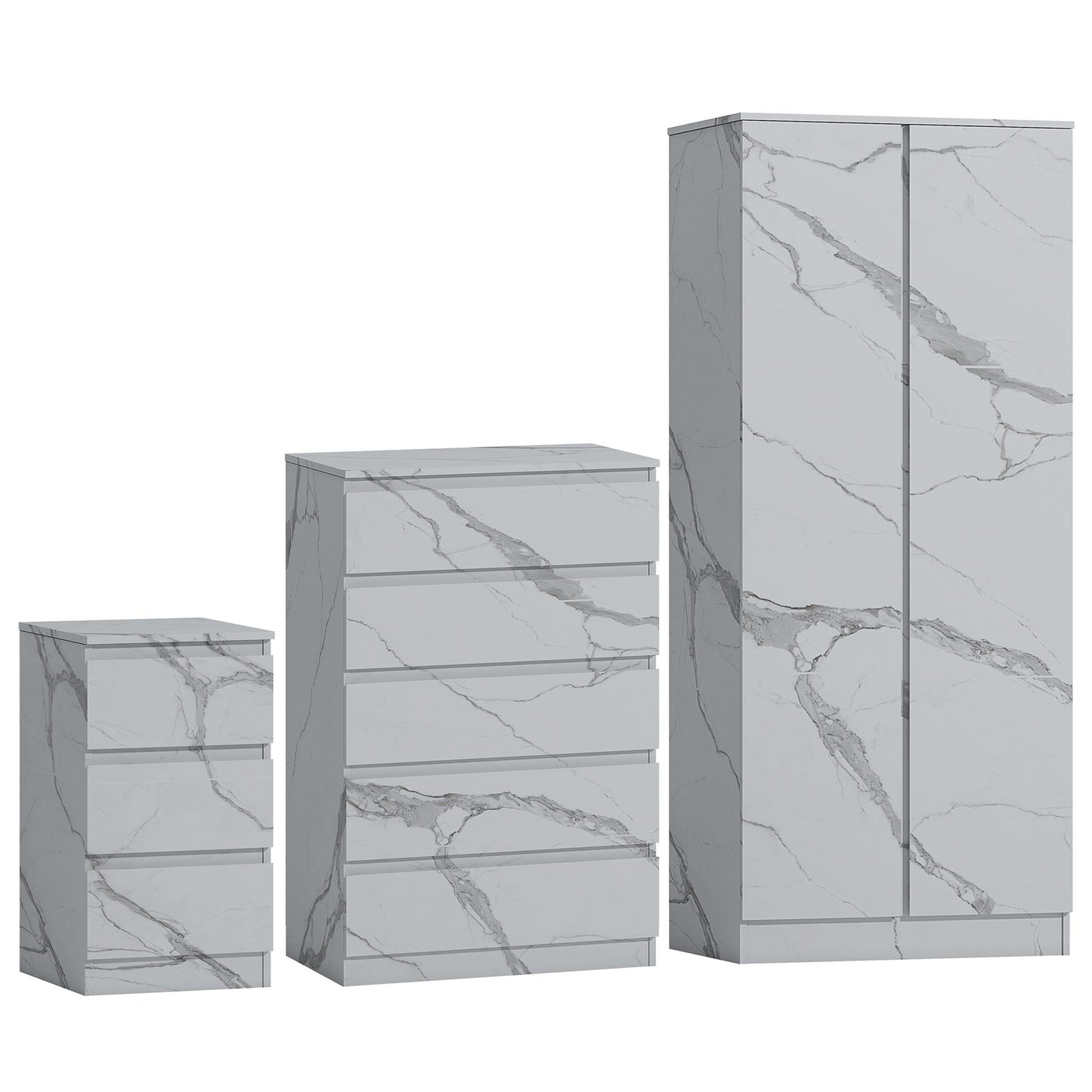 ZITA 3pc Set - 2 Door Wardrobe + Tall Chest + Bedside in White OR Grey Marble