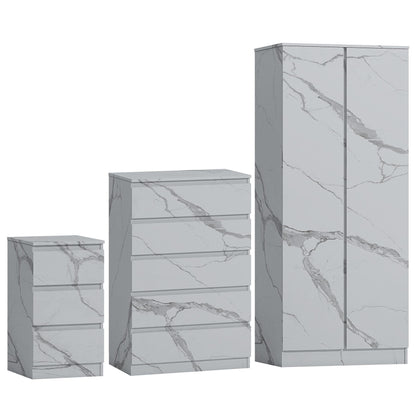 ZITA 3pc Set - 2 Door Wardrobe + Tall Chest + Bedside in White OR Grey Marble