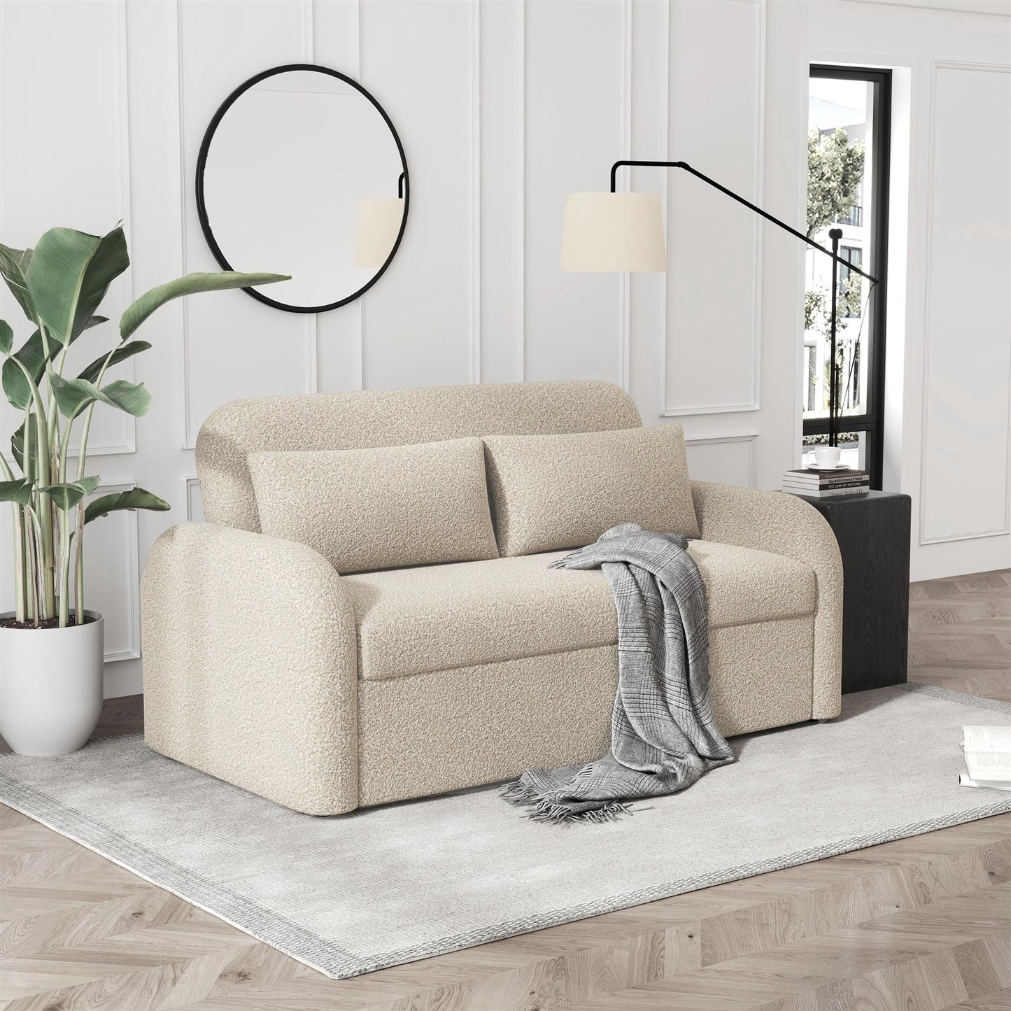 NOMA 2-Seater Boucle Pull Out Sofa Bed with Matching Cushions - Beige