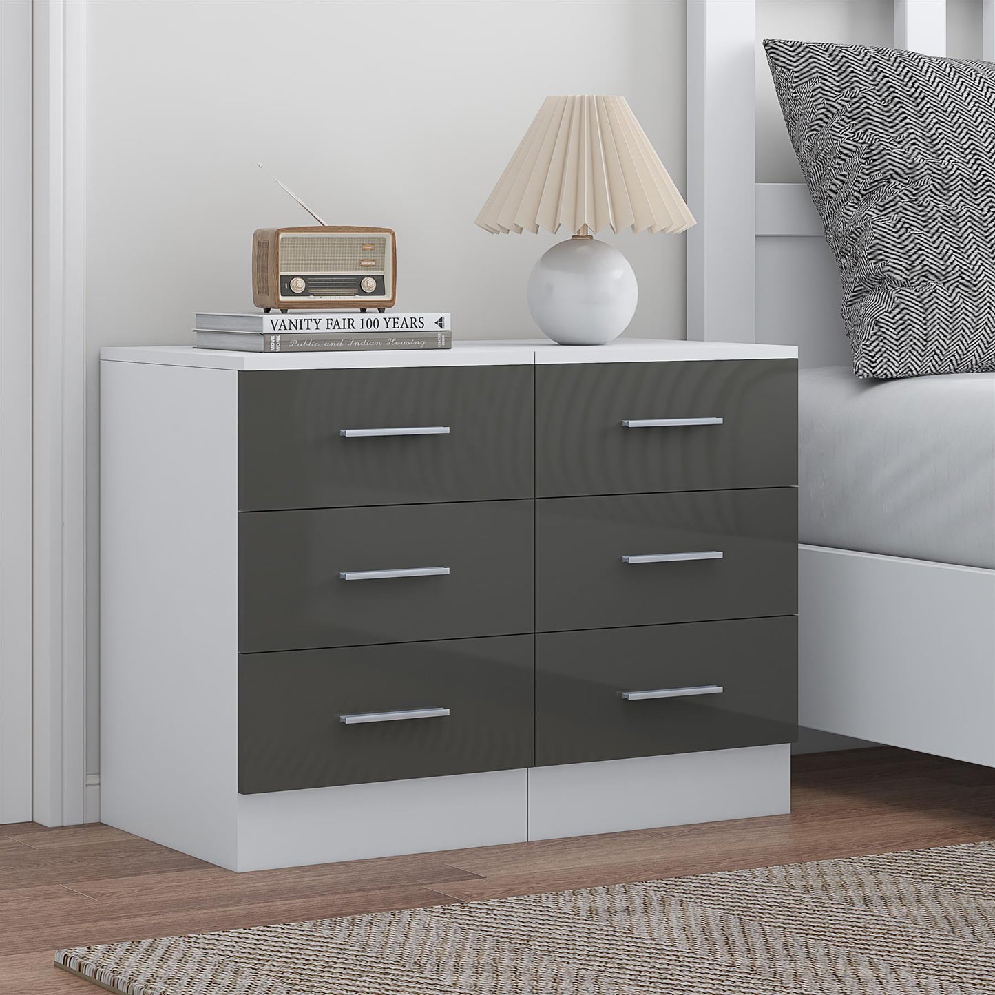Reflect 3 Drawer Bedside Bundle (2x) - Grey Gloss & Matt White - Modern Bedside