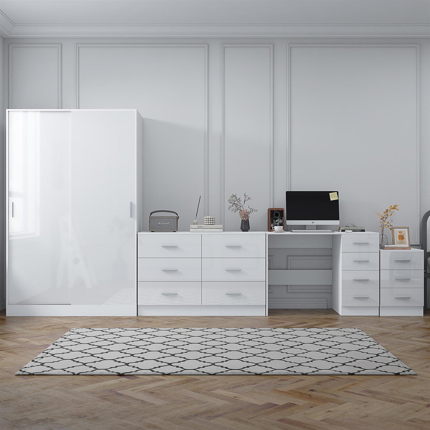 REFLECT Gloss 4pc Set - 2 Door Sliding Wardrobe + Wide Chest + Bedside + Desk