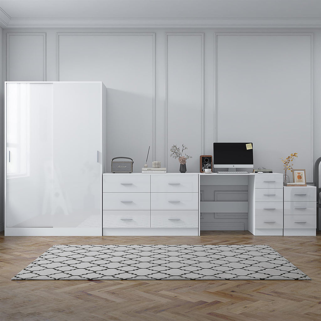 Reflect 2 Door Sliding Wardrobe, 6 Drawer Wide Chest, 3 Drawer Bedside, 4 Drawer Desk - White Gloss & Matt White - Modern Bedroom Furniture Set