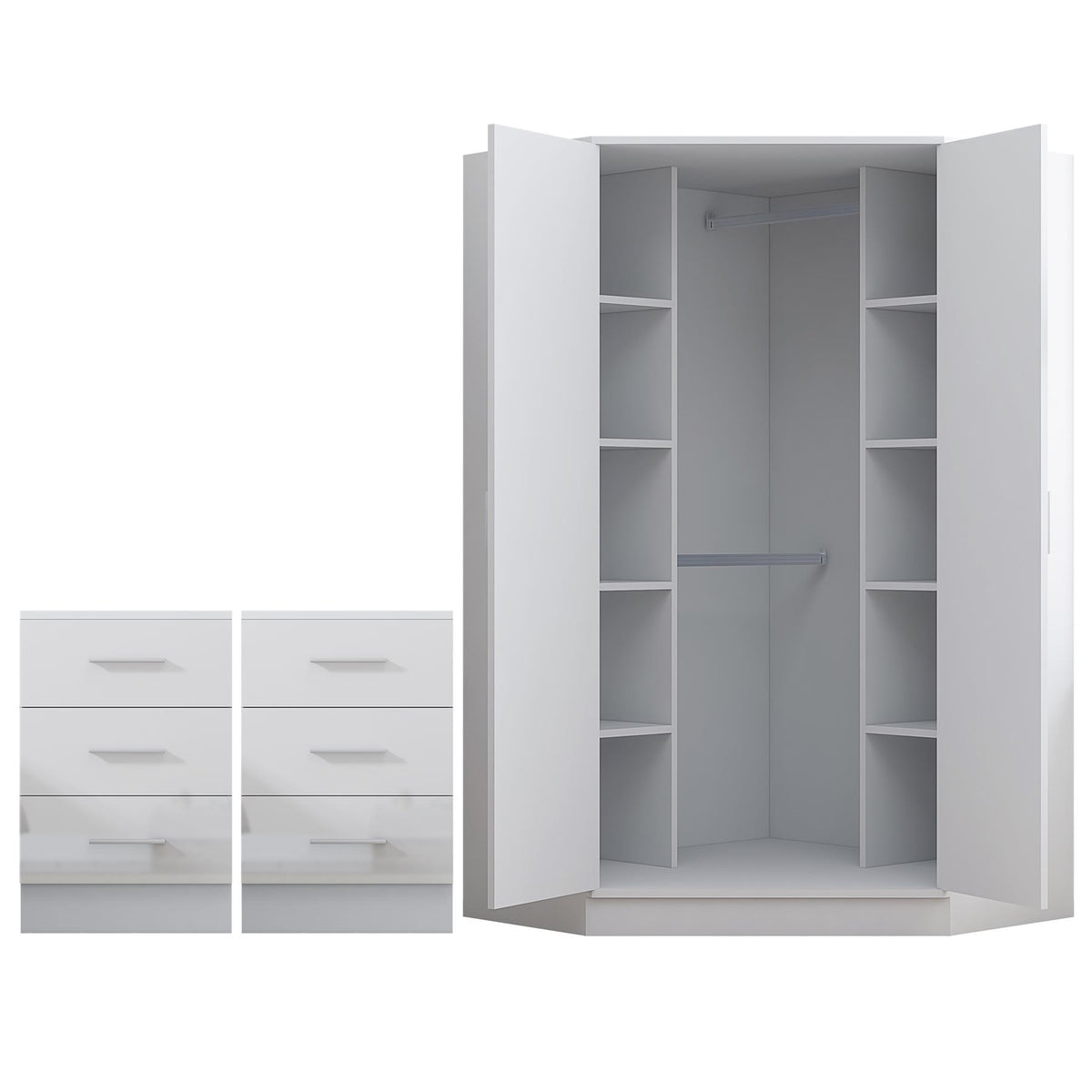 Reflect 3pc Wardrobe Bundle - 2 Door Corner + 2x 3 Drawer Bedsides - White Gloss & Matt White