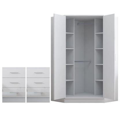 Reflect 3pc Wardrobe Bundle - 2 Door Corner + 2x 3 Drawer Bedsides - White Gloss & Matt White