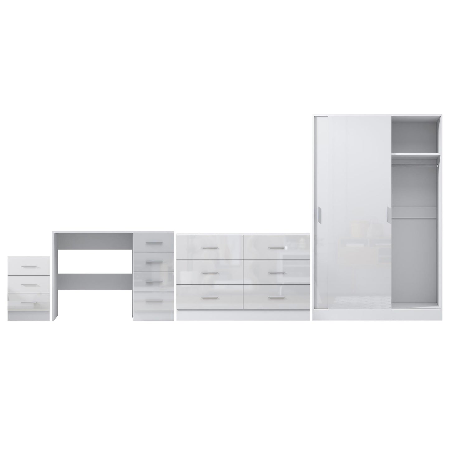 REFLECT Gloss 4pc Set - 2 Door Sliding Wardrobe + Wide Chest + Bedside + Desk