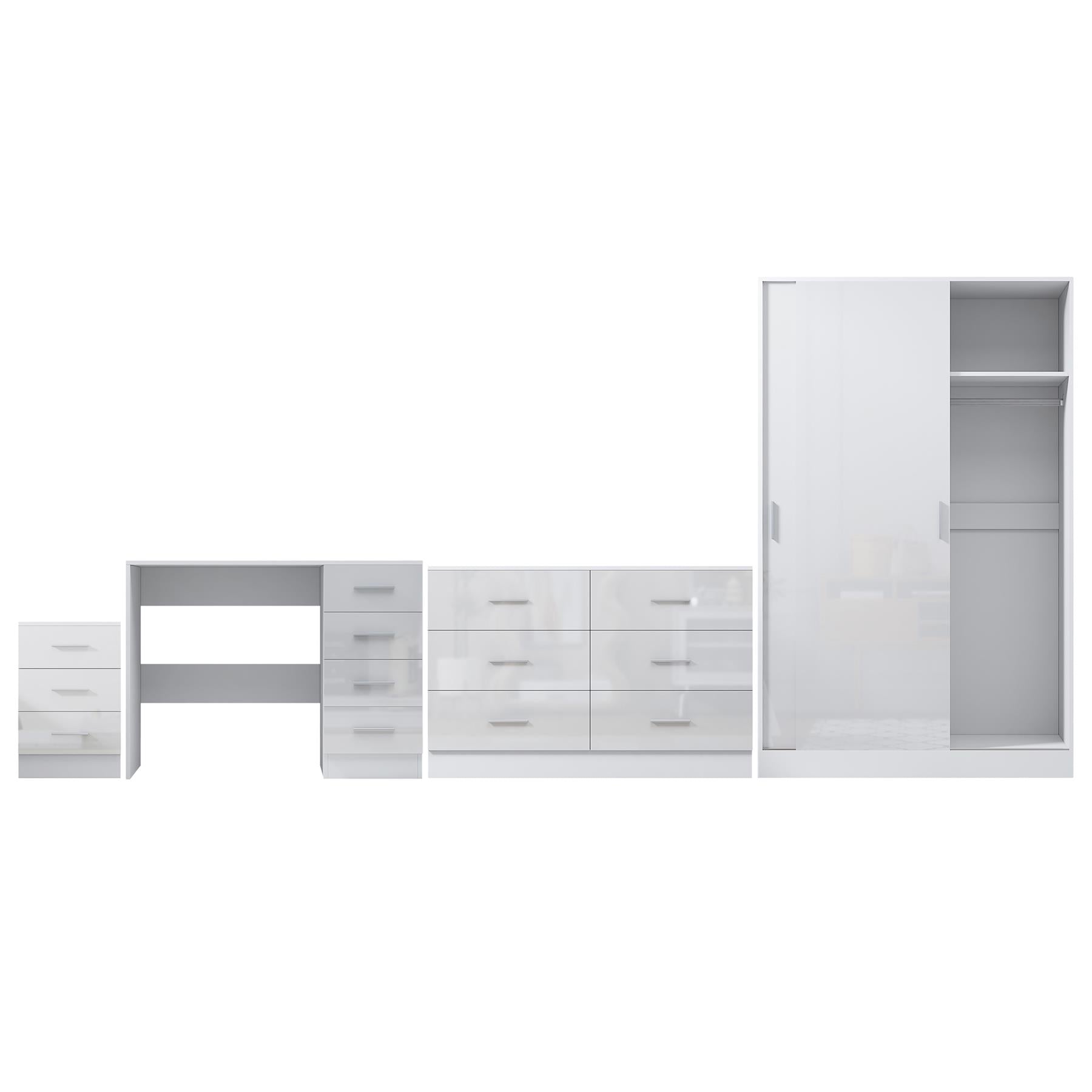 Reflect 2 Door Sliding Wardrobe, 6 Drawer Wide Chest, 3 Drawer Bedside, 4 Drawer Desk - White Gloss & Matt White - Modern Bedroom Furniture Set