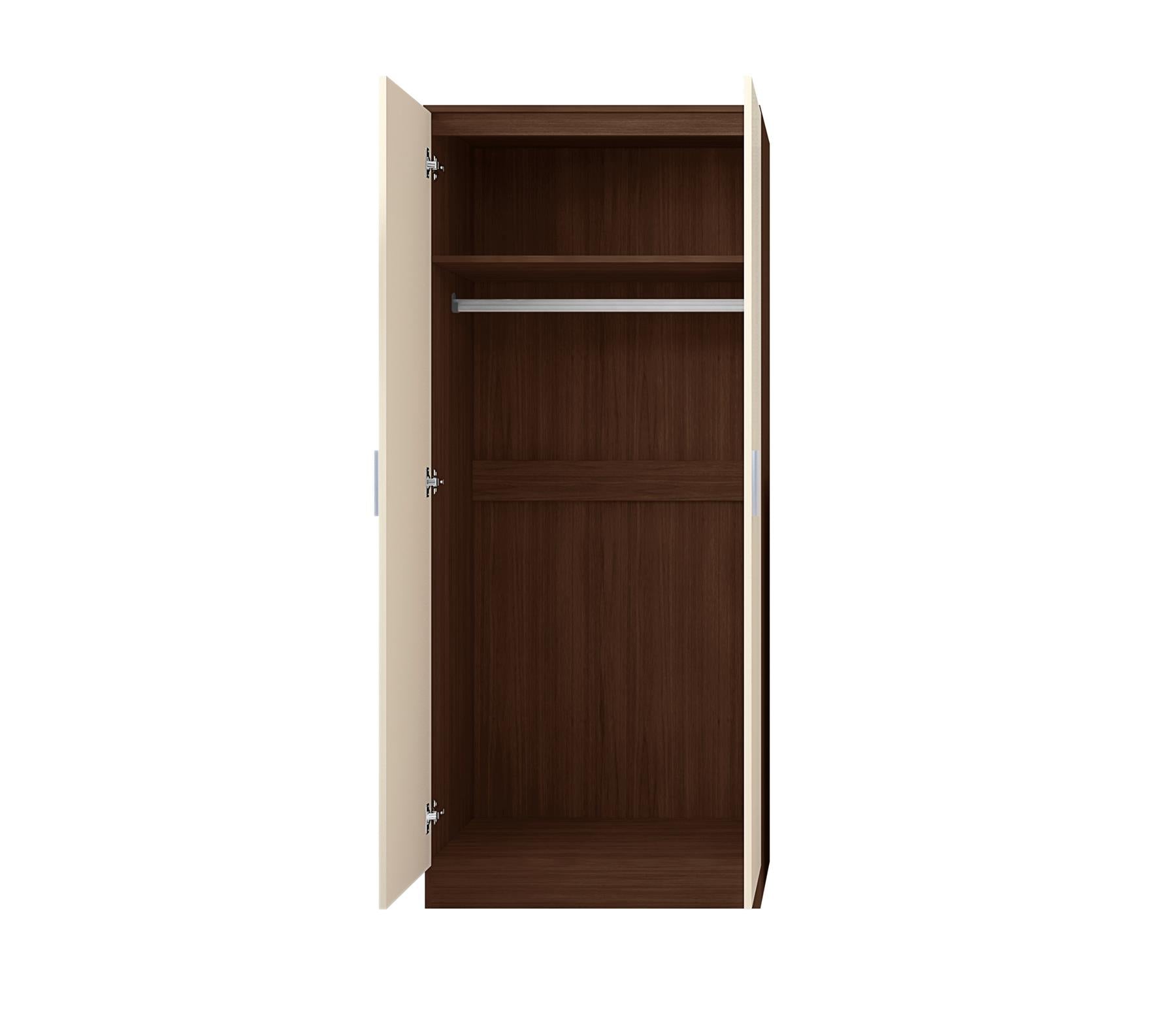 Reflect 2 Door Plain Wardrobe - Cream Gloss & Walnut - Hanging Rails & Shelves - H: 180cm x W: 76cm - Modern Sleek Design
