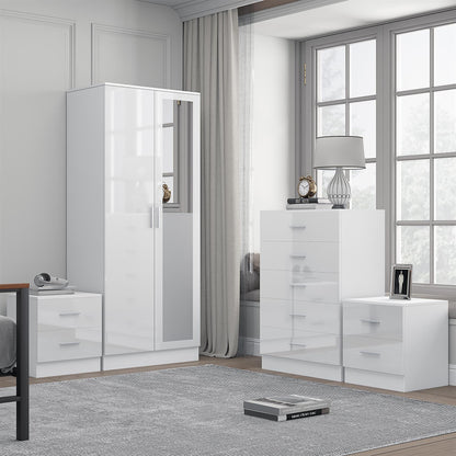REFLECT Gloss 4pc Set - 2 Door Mirrored Wardrobe + 5 Draw Chest + 2 Bedsides