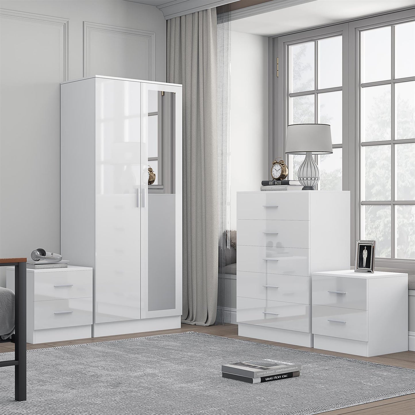 Reflect 2 Door Mirror Wardrobe, 5 Drawer Chest, 2x 2 Drawer Bedsides - White Gloss & Matt White - Modern Bedroom Furniture Set