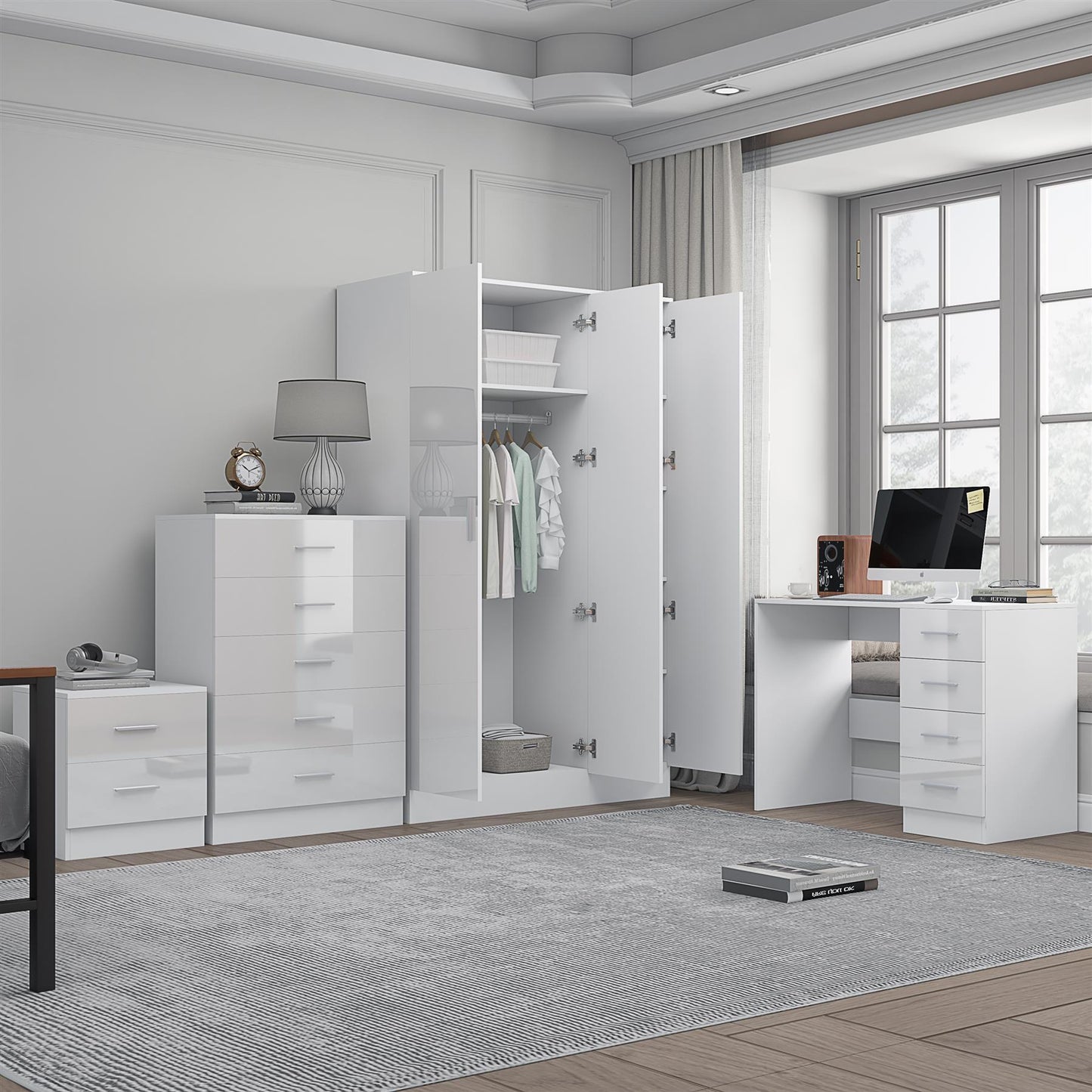 REFLECT Gloss 4pc Set - 3 Door Mirrored Wardrobe + 5 Draw Chest + Bedside + Desk