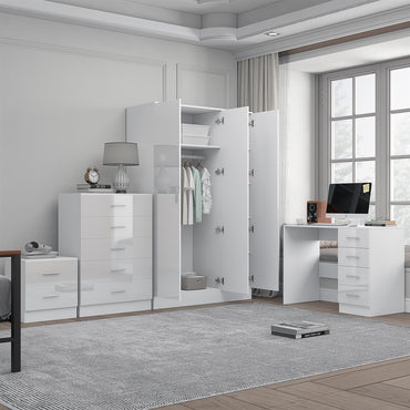 Reflect 3 Door Mirror Wardrobe, 5 Drawer Chest, 2 Drawer Bedside & Desk - White Gloss & Matt White - Modern Bedroom Furniture Set