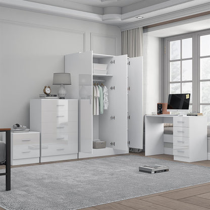 Reflect 3 Door Mirror Wardrobe, 5 Drawer Chest, 2 Drawer Bedside & Desk - White Gloss & Matt White - Modern Bedroom Furniture Set
