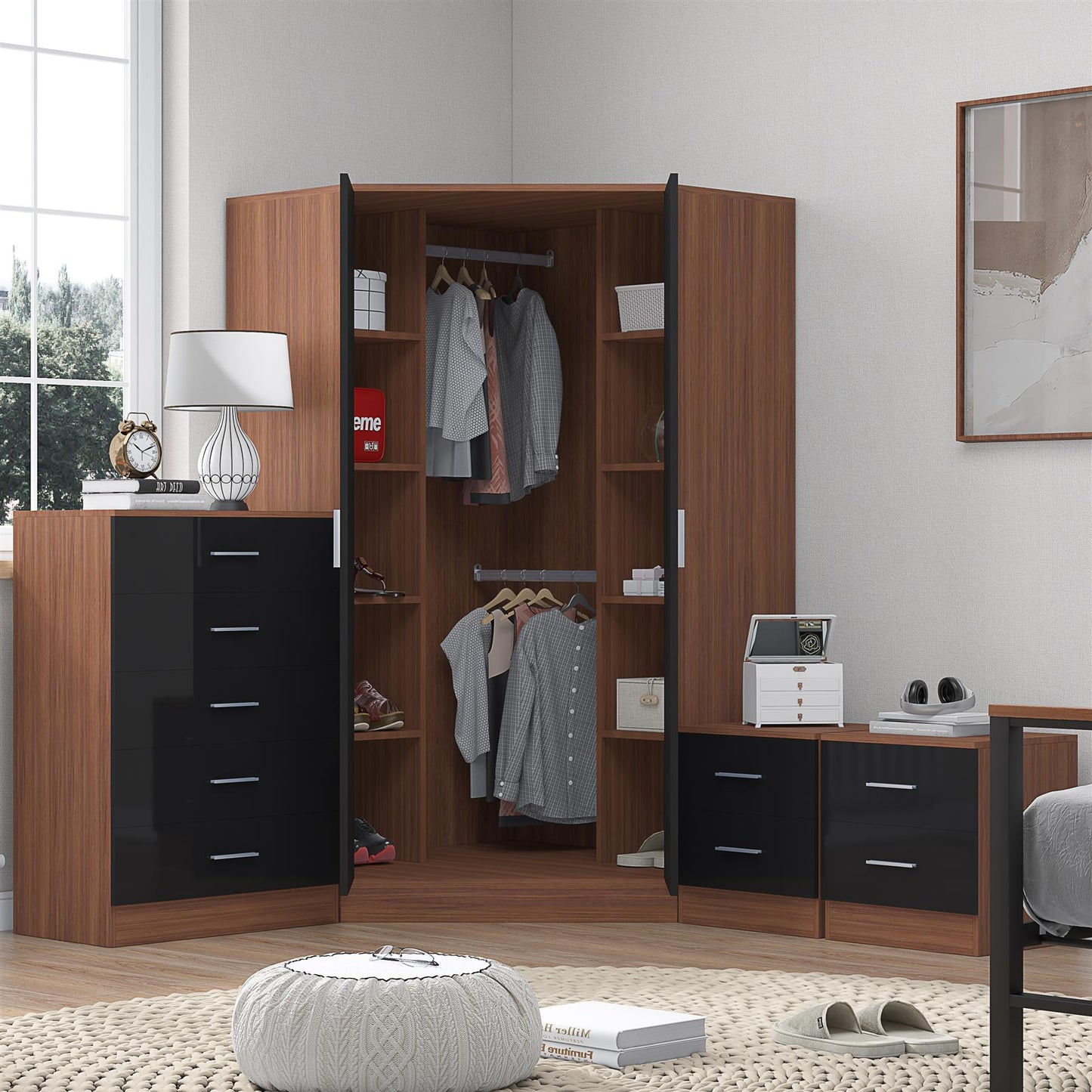REFLECT Gloss 4pc Set - 2 Door Corner Wardrobe + 5 Draw Chest + 2 Bedsides