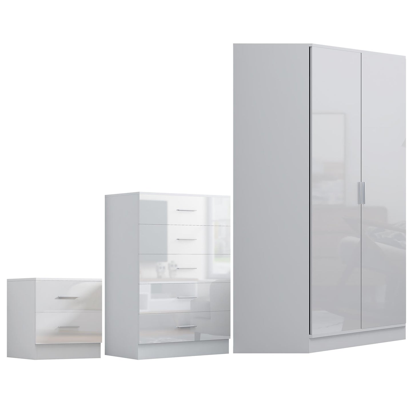 Reflect 2 Door Corner Wardrobe, 5 Drawer Chest, 2 Drawer Bedside - White Gloss & Matt White - Bedroom Furniture Set